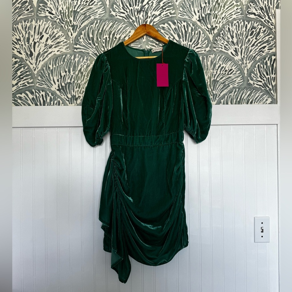 Rhode Pia Velvet Green Minidress with Puff Sleeves in Women's 6 - Picture 6 of 7